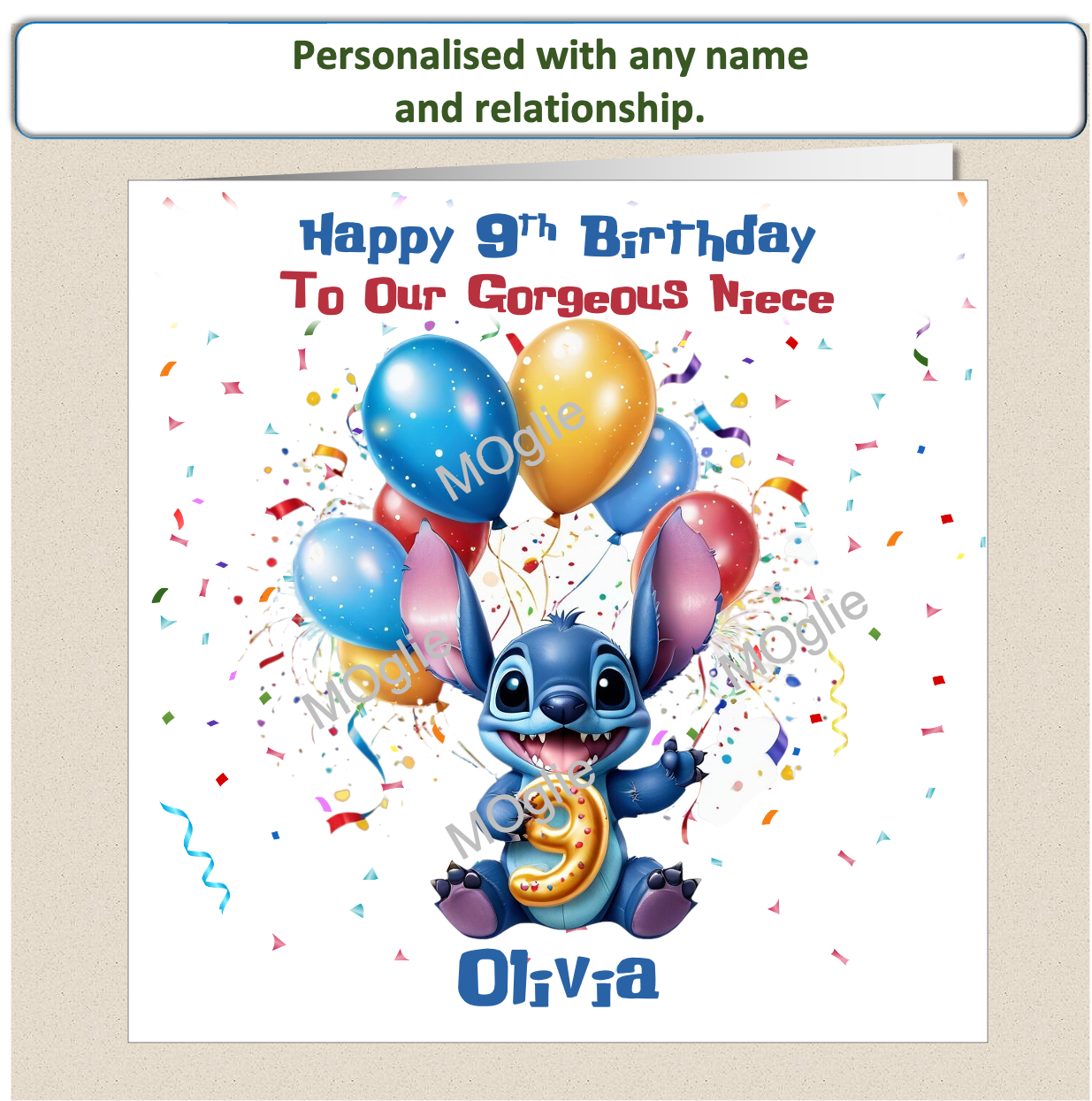 Personalised Lilo and Stitch 9th Birthday Cards with name and relationship