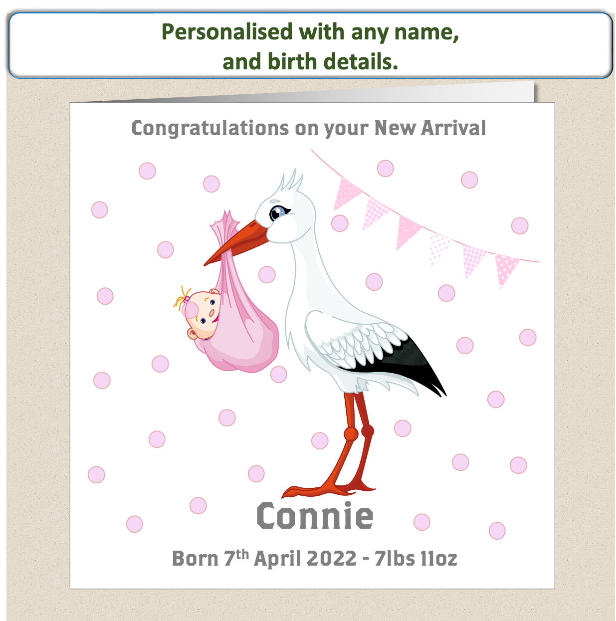 Personalised New Baby Arrival Congratulations Card - Stork Pink