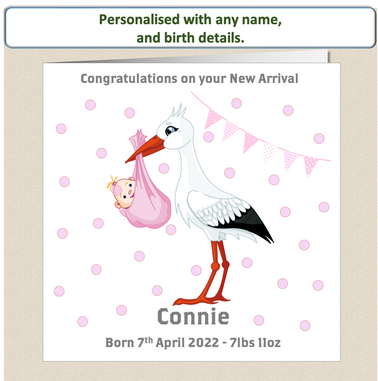 Personalised New Baby Arrival Congratulations Card - Stork Pink