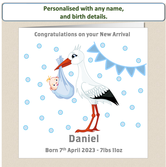 Personalised New Baby Arrival Congratulations Card - Stork Blue