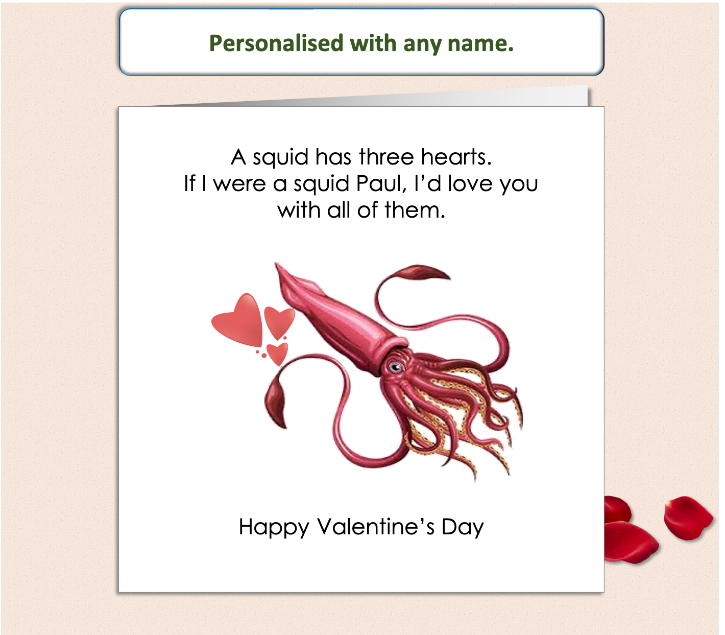 Personalised Squid Three Hearts Valentine Card