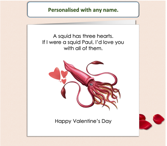 Personalised Squid Three Hearts Valentine Card