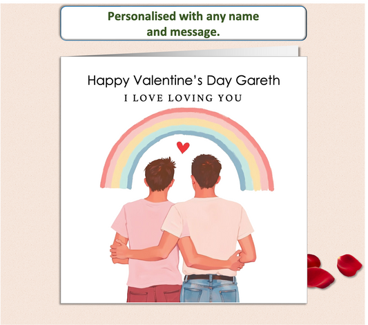 Personalised Valentine's Day Card of two men with arms around each other, with one saying I Love Loving You.