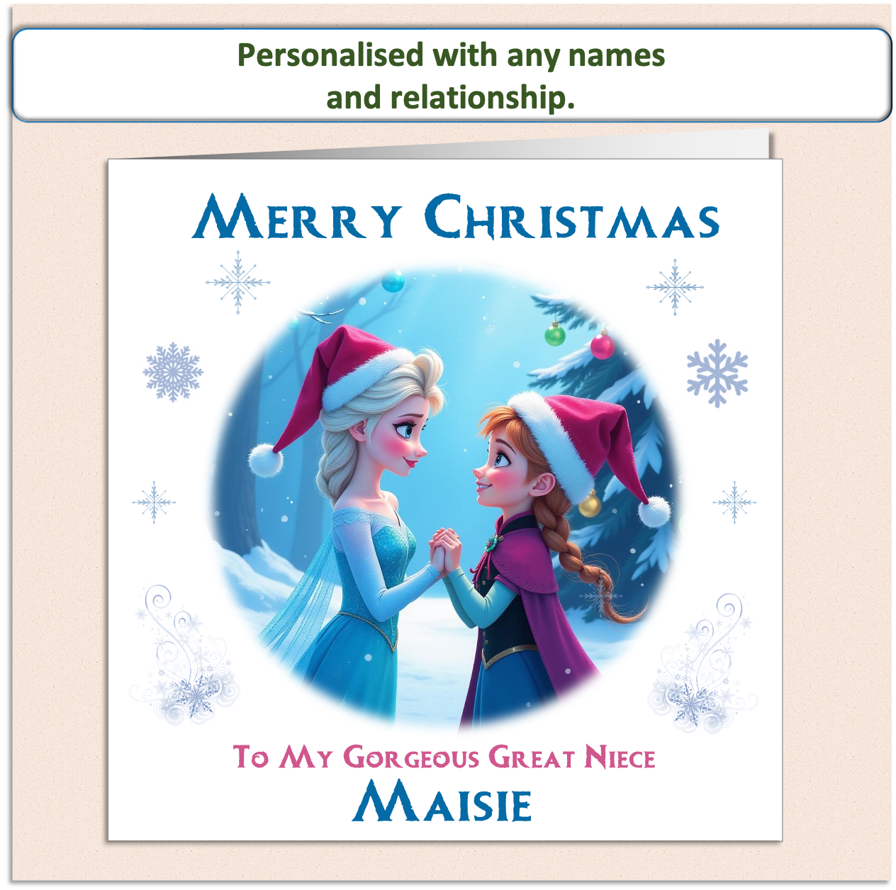 Disney's Frozen Elsa and Anna with characters Christmas hats in a winter scene