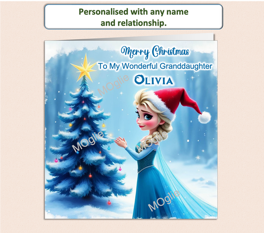 Personalised Christmas card featuring Elsa from Disney Frozen wearing a Christmas hat, standing beside a Christmas tree, customisable with names and relationship message.