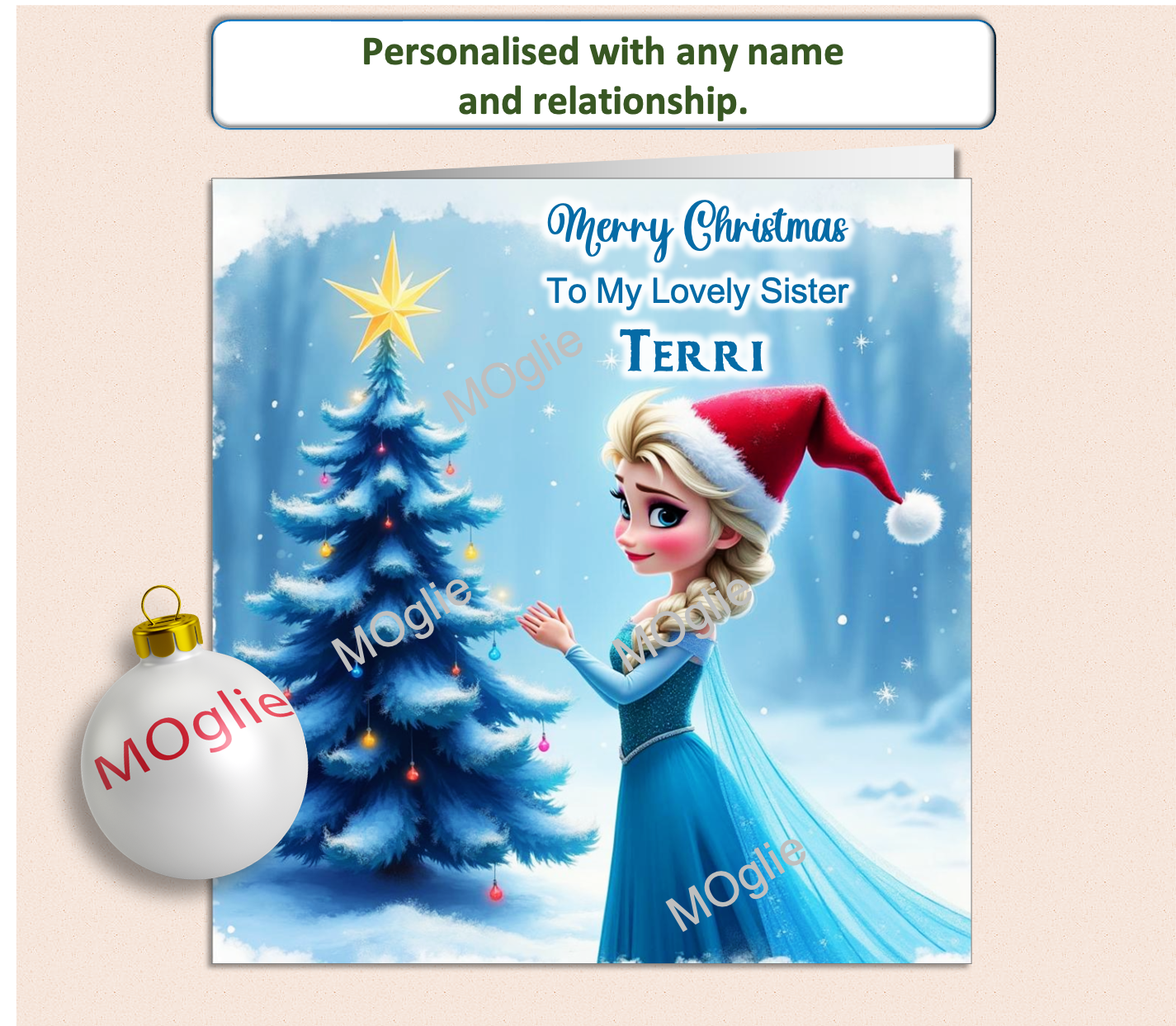 Personalised Christmas card featuring Elsa from Disney Frozen wearing a Christmas hat, standing beside a Christmas tree, customisable with names and relationship message.