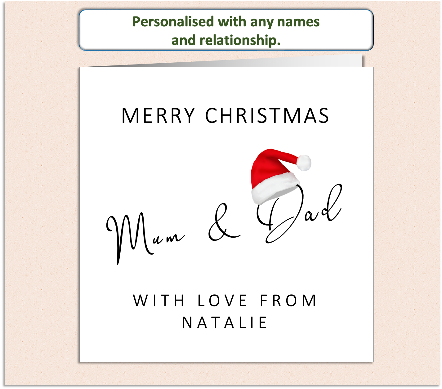 Personalised Christmas card featuring elegant scroll-style text displaying the recipient's name, such as Mum & Dad, with a festive design.