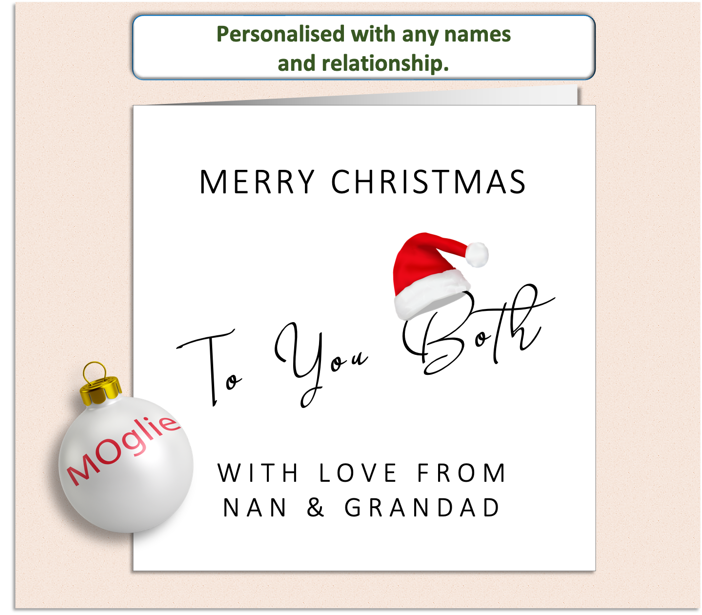 Personalised Christmas card featuring elegant scroll-style text displaying the recipient's name, such as Mum & Dad, with a festive design.