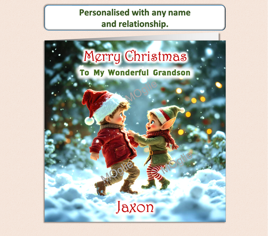 Personalised Christmas Card - Young Boy dancing with Elf