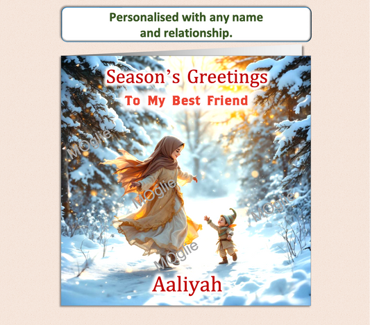 Personalised Season's Greetings Card - Young Girl dancing with Elf