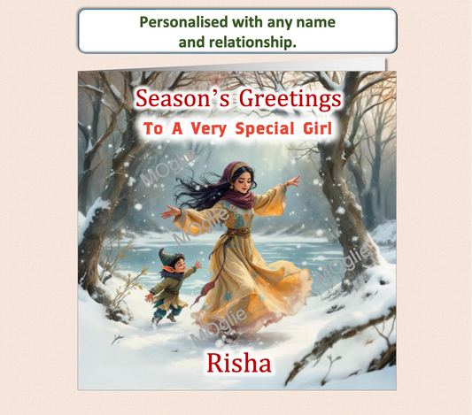 Personalised Season's Greetings Card - Young Girl running with Elf