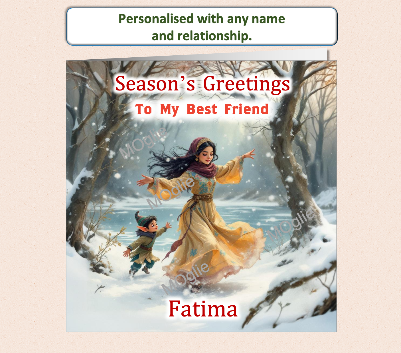 Personalised Season's Greetings Card - Young Girl running with Elf