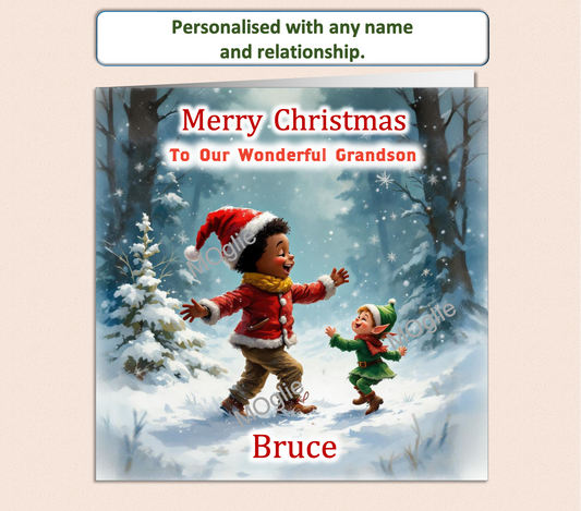 Personalised Christmas Card - Young Black Boy dancing with Elf