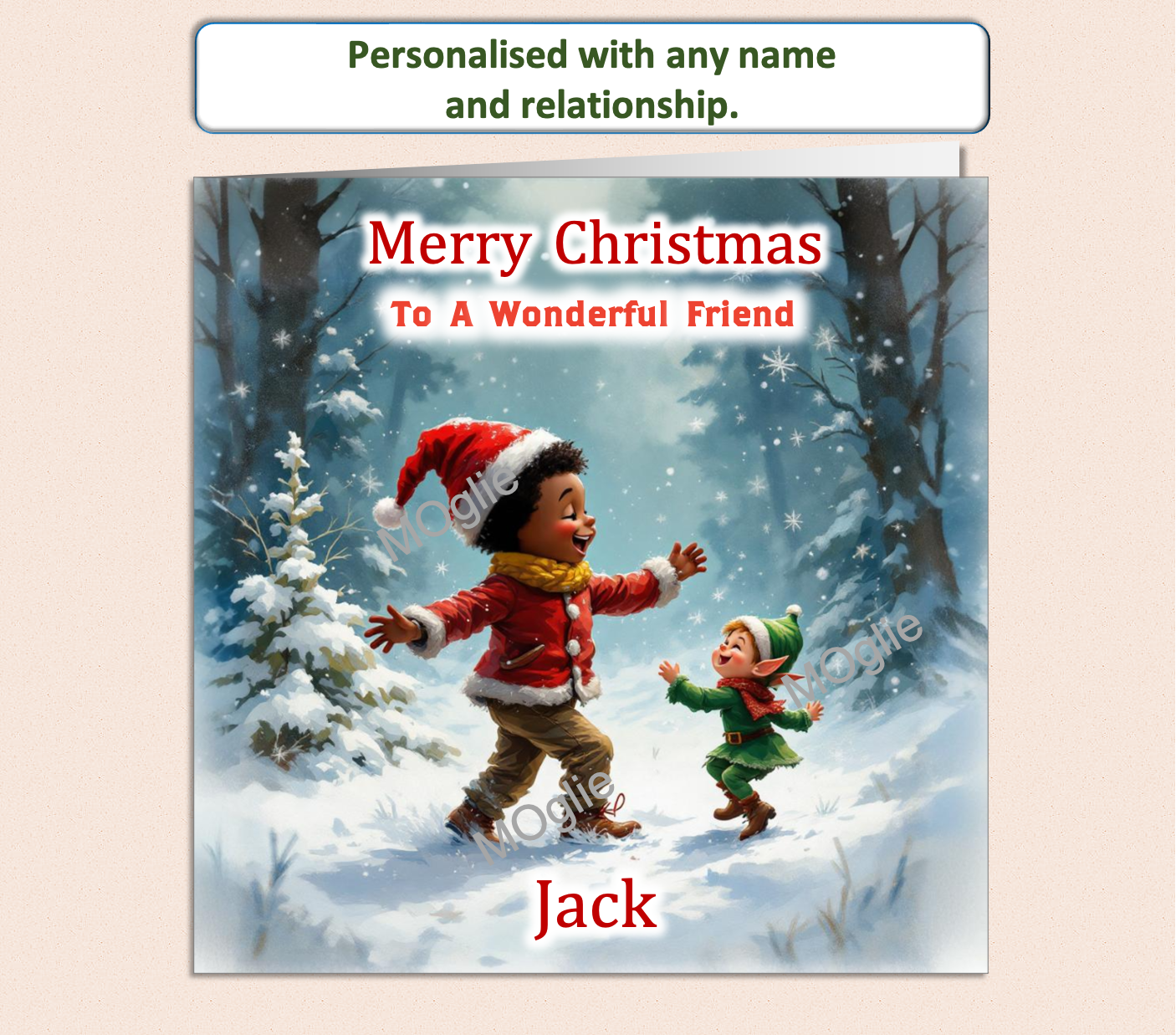 Personalised Christmas Card - Young Black Boy dancing with Elf