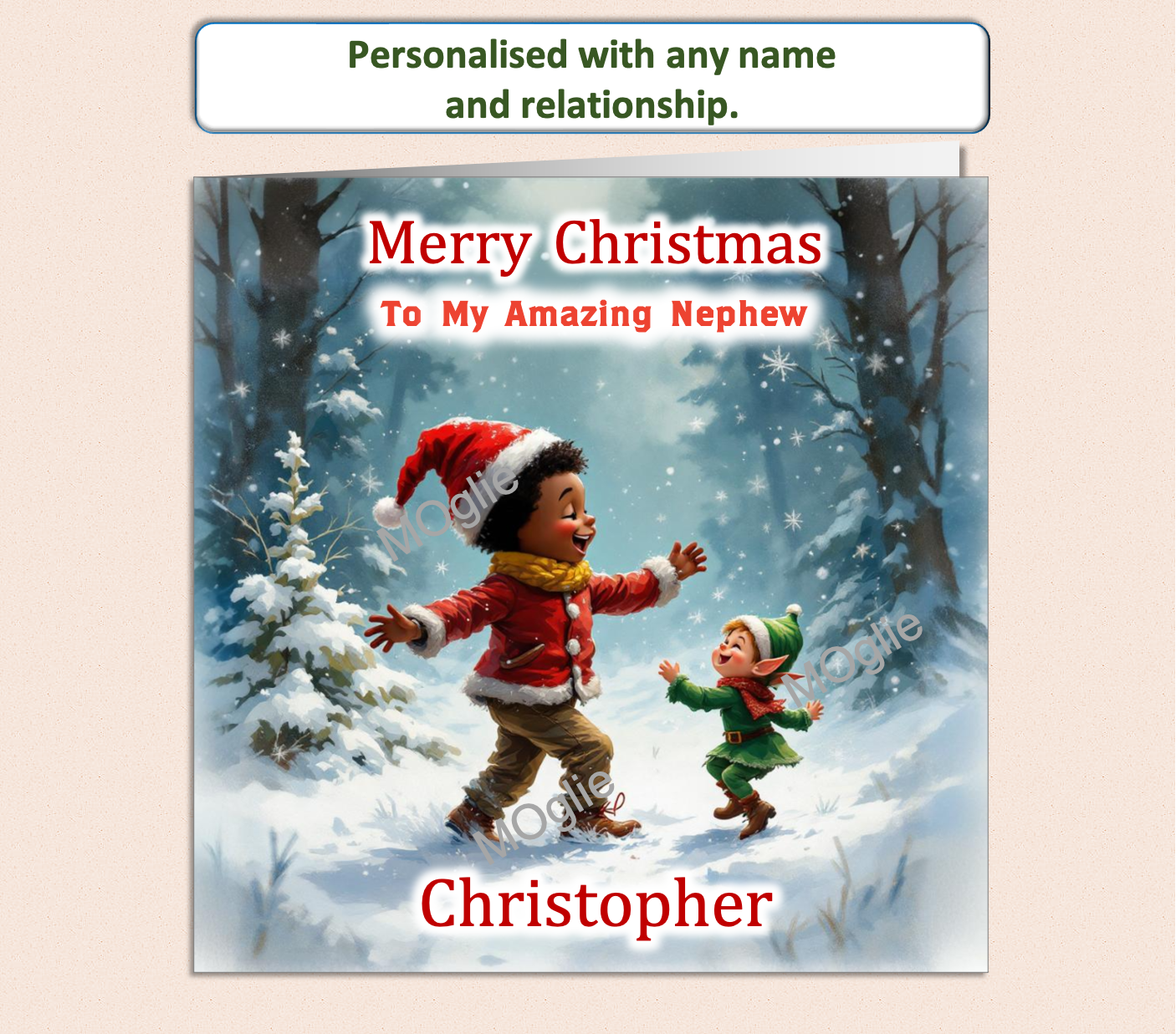 Personalised Christmas Card - Young Black Boy dancing with Elf