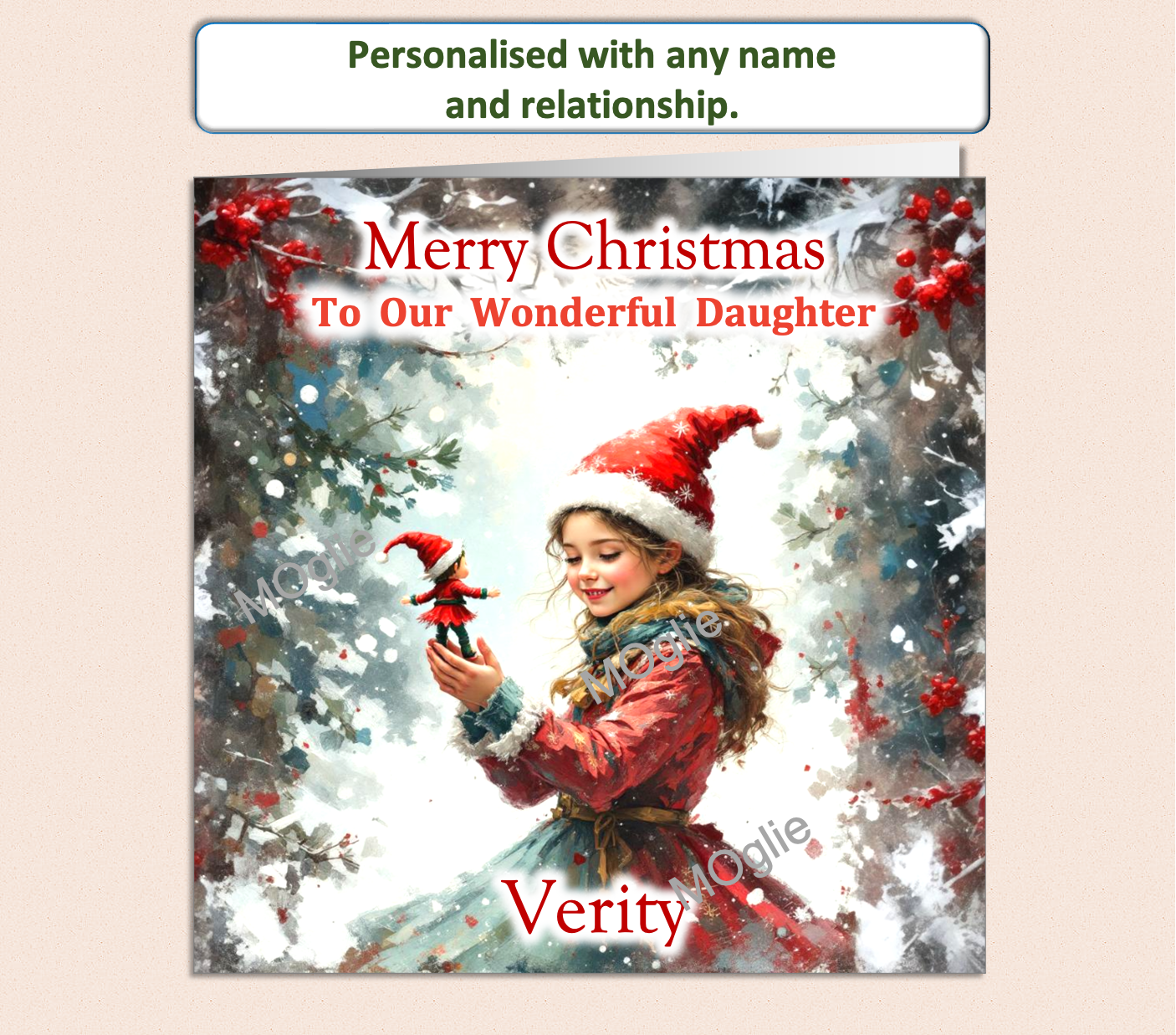 Oil painting style of young girl in decorative Christmas clothes, holding a small elf with a festive colourful background