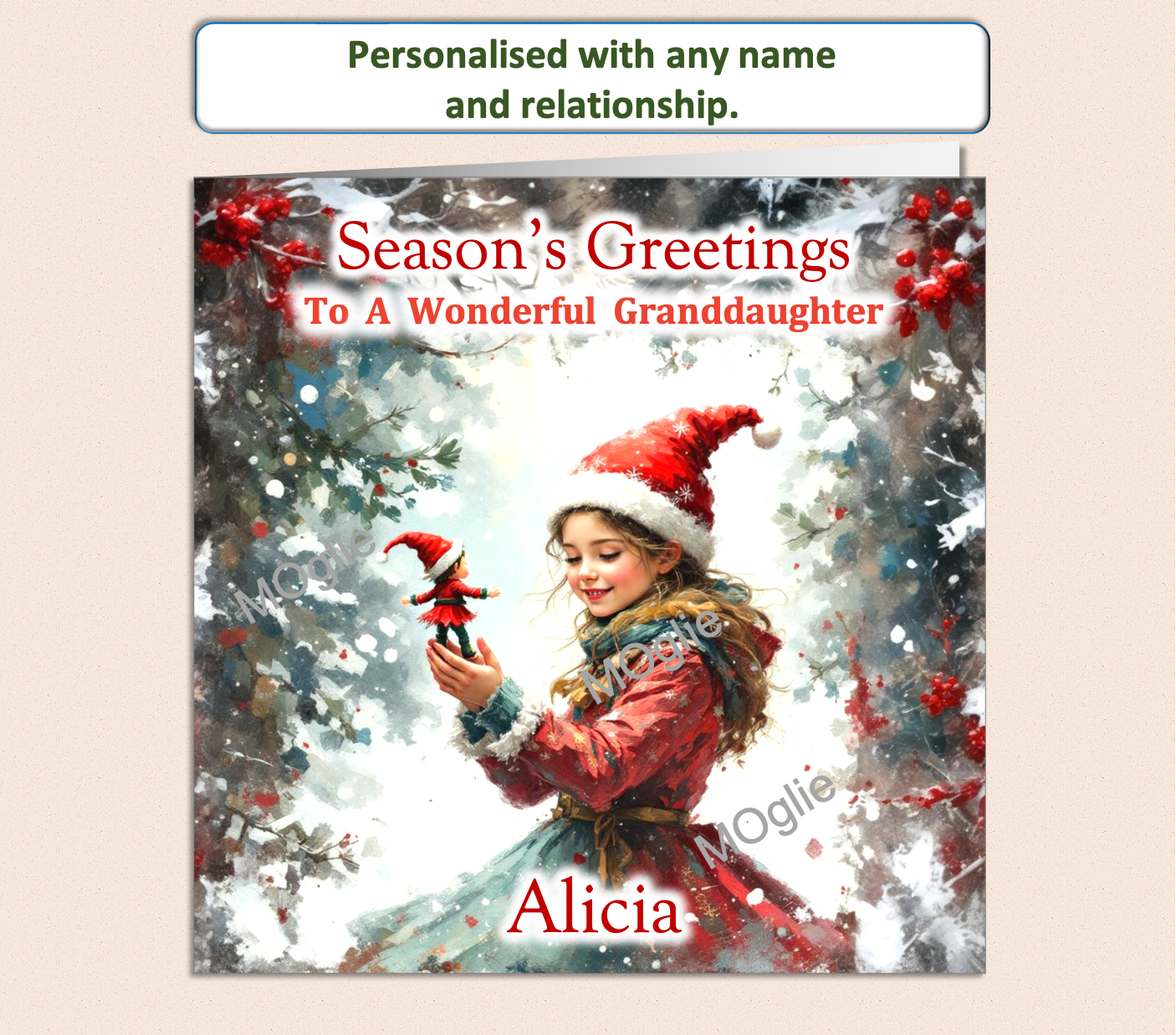 Oil painting style of young girl in decorative Christmas clothes, holding a small elf with a festive colourful background