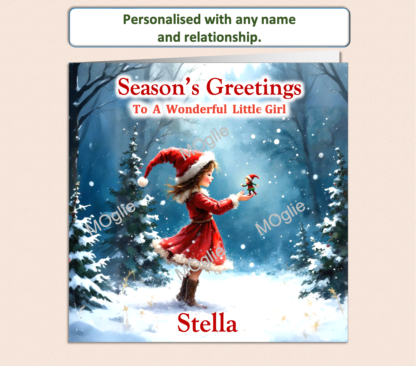 Christmas Cards of small girl in Christmas outfit holding a little elf in her hands