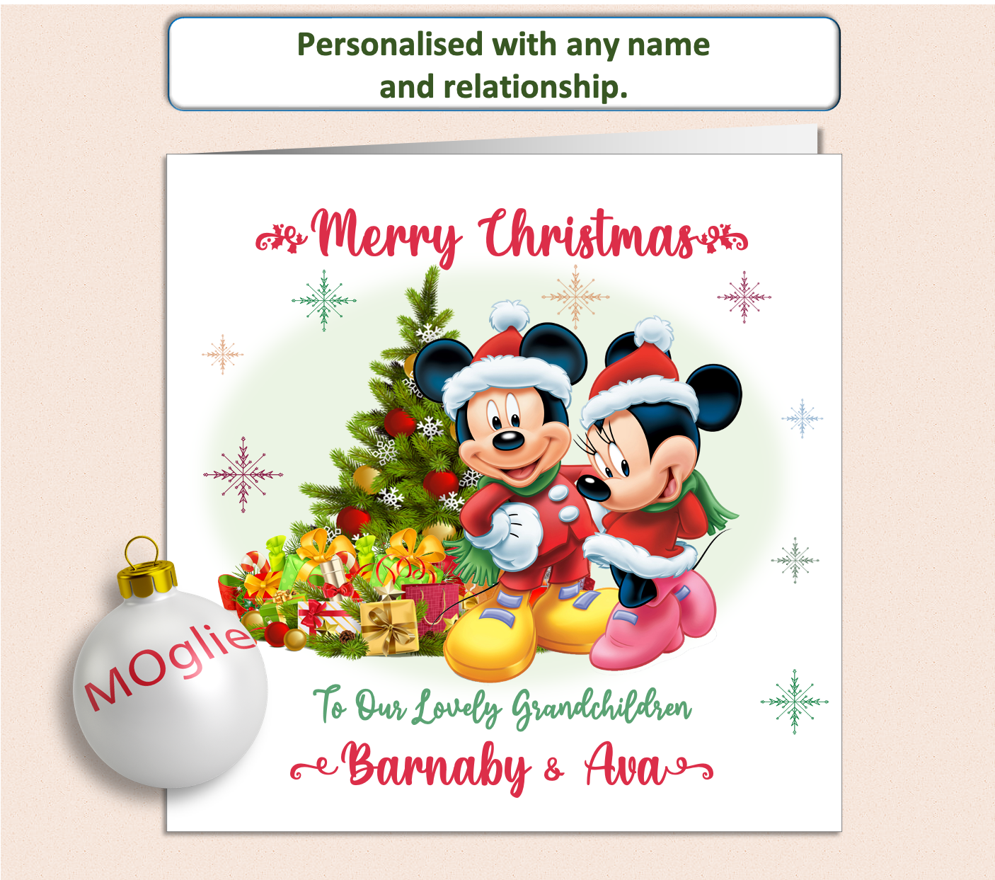 Mickey & Minnie in Christmas suits next to a Christmas Tree