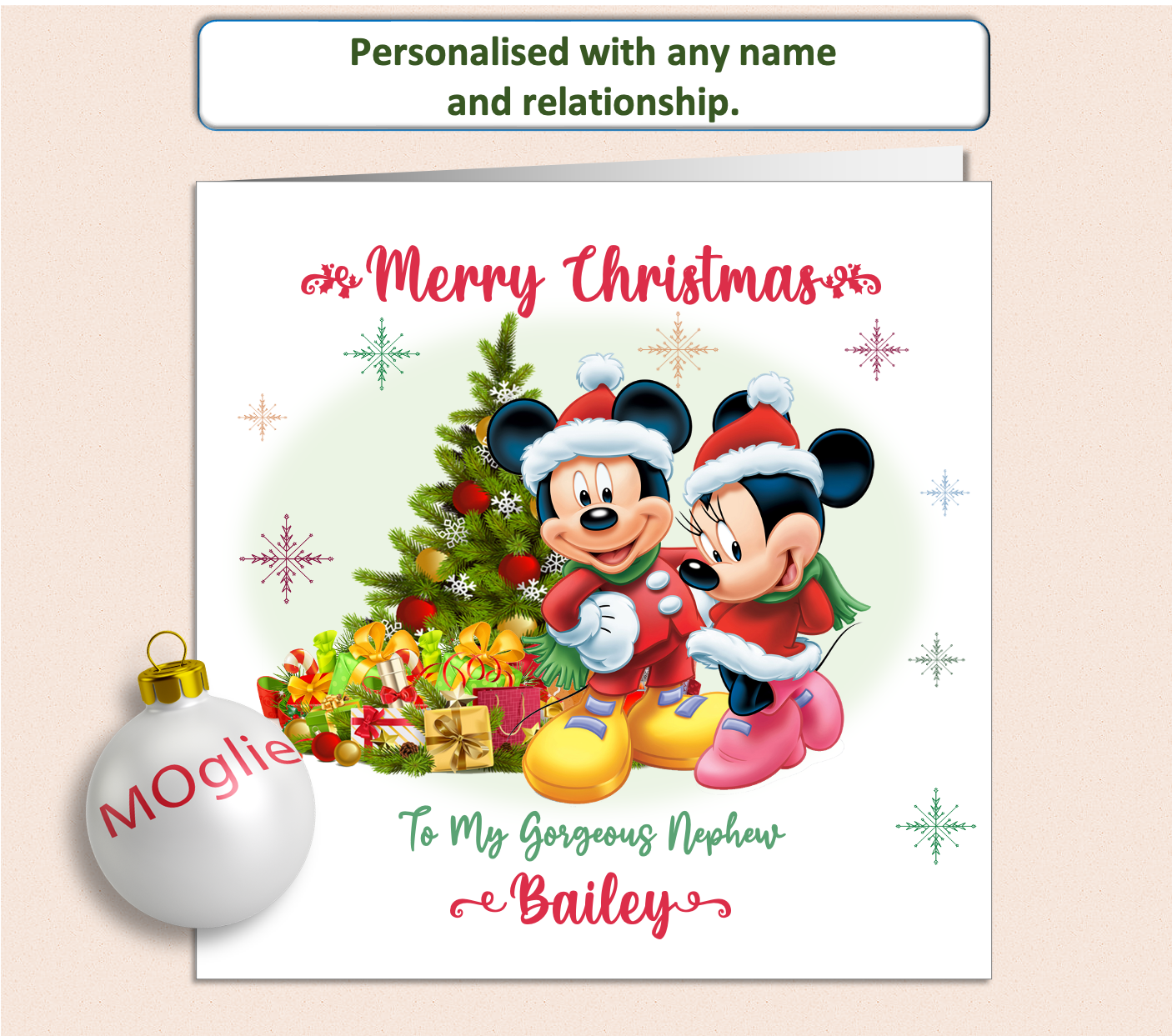 Mickey & Minnie in Christmas suits next to a Christmas Tree