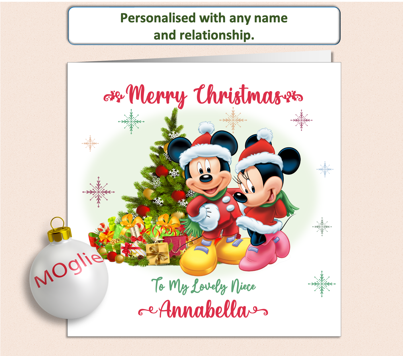 Mickey & Minnie in Christmas suits next to a Christmas Tree