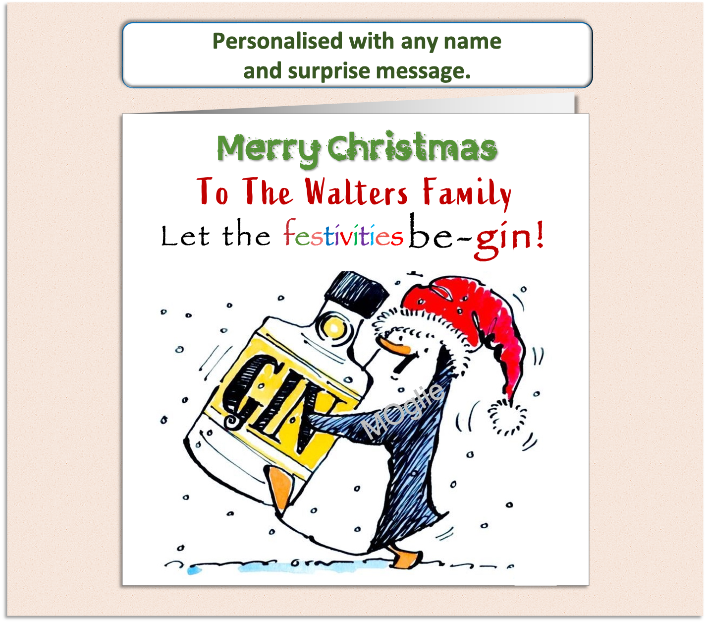 Funny card of a penguin carrying a large gin bottle. Let the festivities be-gin.