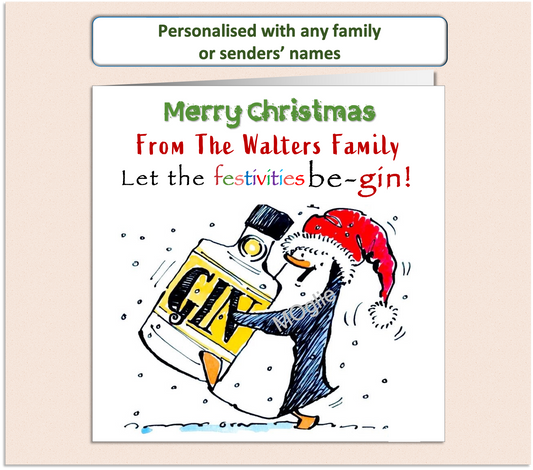 Funny card of a penguin carrying a large gin bottle. Let the festivities be-gin.