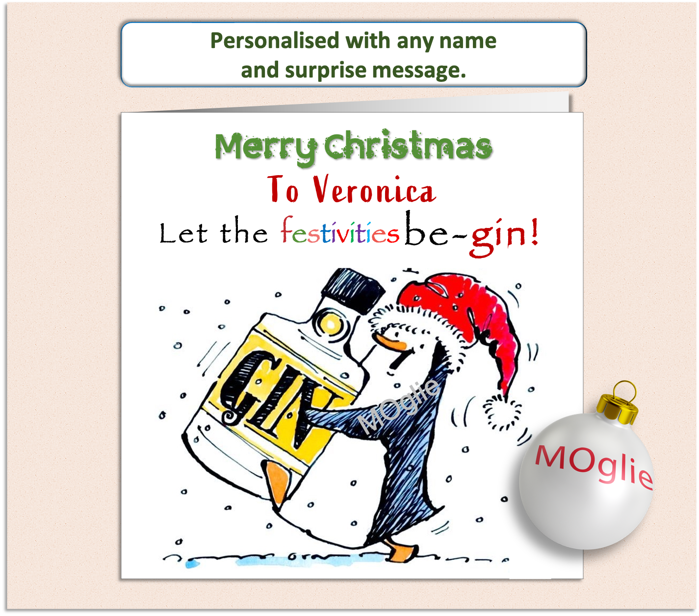 Funny card of a penguin carrying a large gin bottle. Let the festivities be-gin.