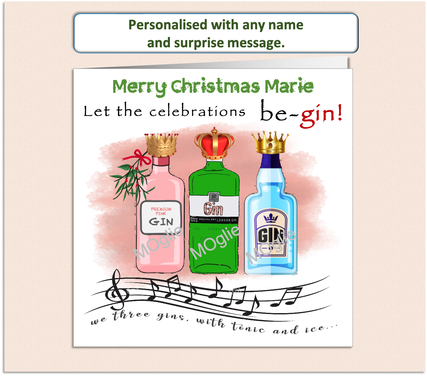 Personalised Christmas card featuring three bottles of gin in a humorous take on 'We Three Kings,' designed with festive elements and witty text.