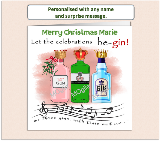 Personalised Christmas card featuring three bottles of gin in a humorous take on 'We Three Kings,' designed with festive elements and witty text.