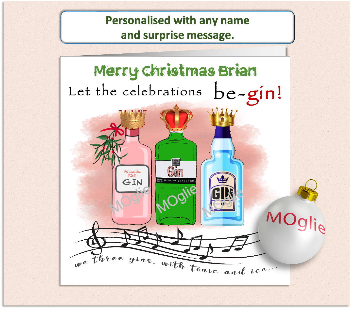 Personalised Christmas card featuring three bottles of gin in a humorous take on 'We Three Kings,' designed with festive elements and witty text.