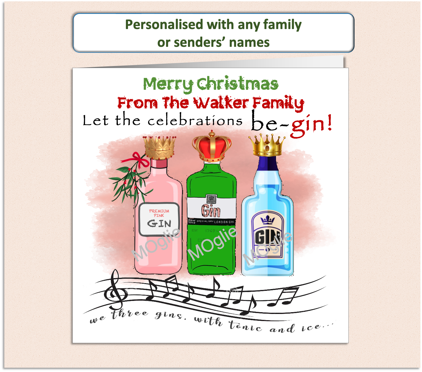 Personalised Christmas card featuring three bottles of gin in a humorous take on 'We Three Kings,' designed with festive elements and witty text. 