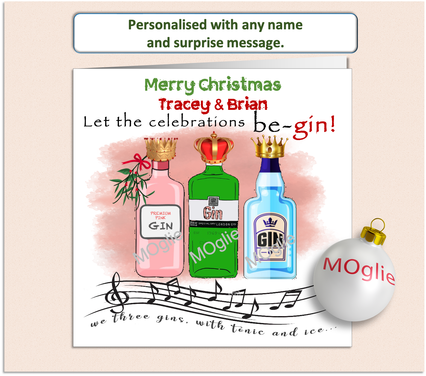 Personalised Christmas card featuring three bottles of gin in a humorous take on 'We Three Kings,' designed with festive elements and witty text.