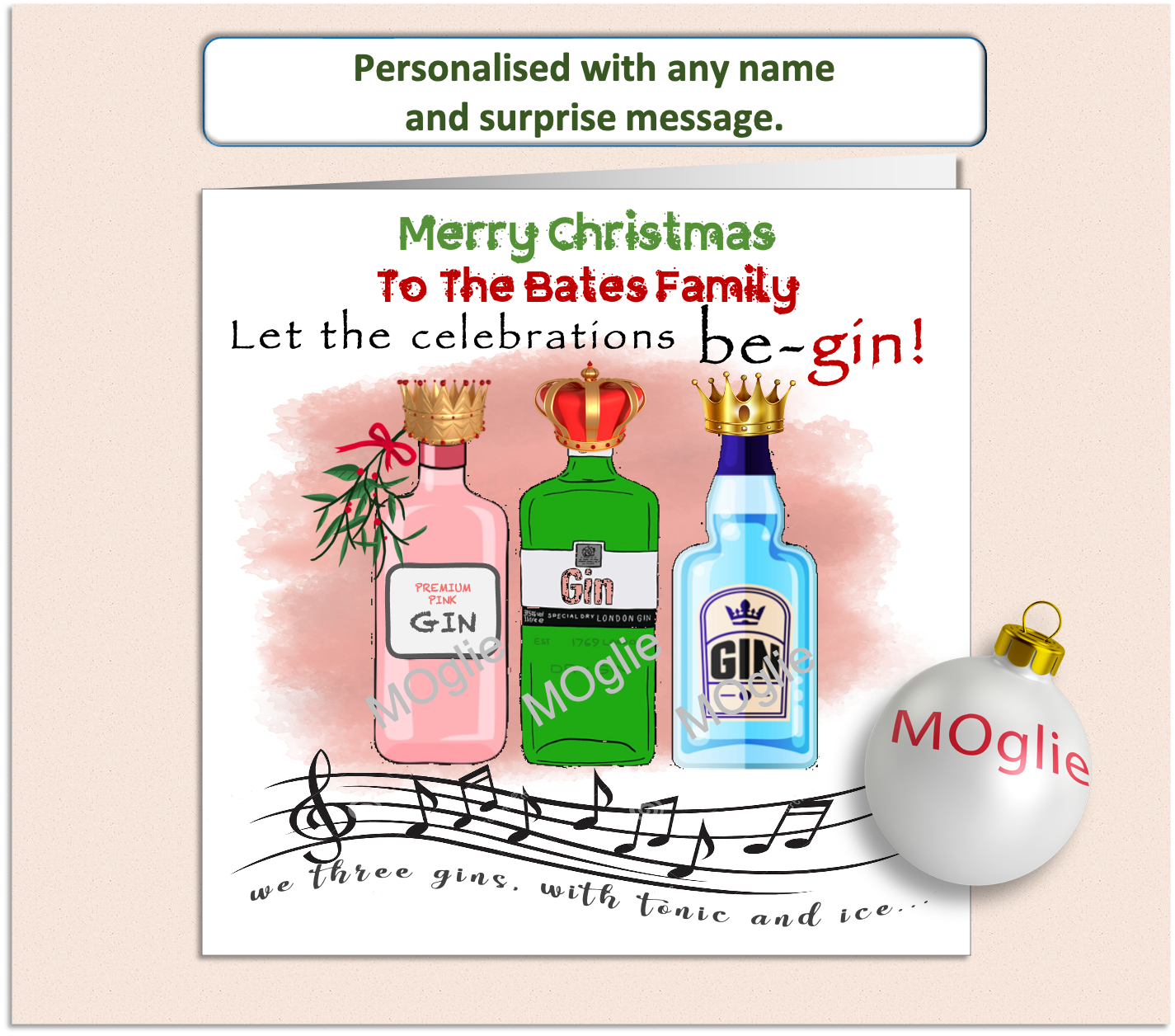 Personalised Christmas card featuring three bottles of gin in a humorous take on 'We Three Kings,' designed with festive elements and witty text.