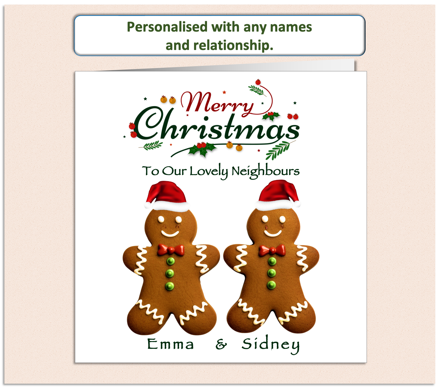 two gingerbread people with Christmas hats side by side.  Merry Christmas scroll text and recipients names