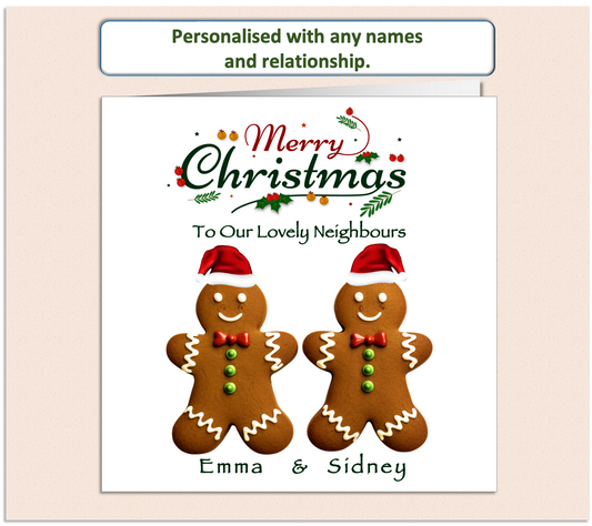 two gingerbread people with Christmas hats side by side.  Merry Christmas scroll text and recipients names