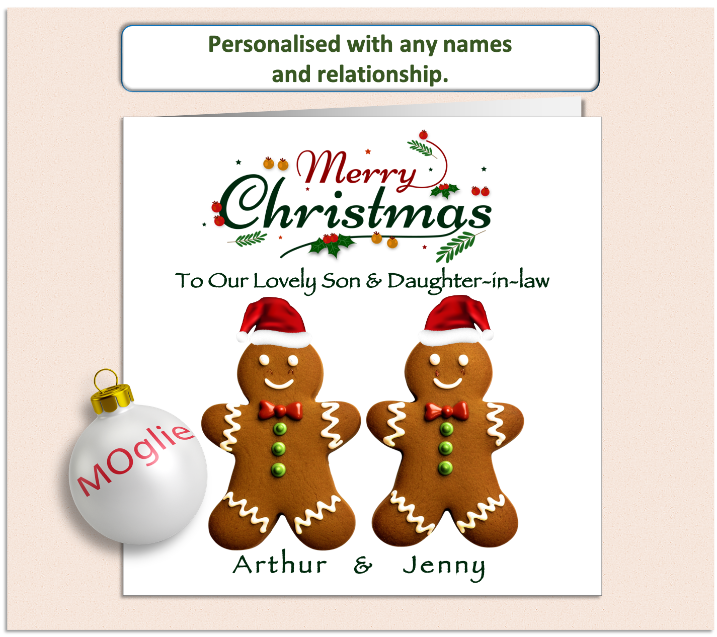 two gingerbread people with Christmas hats side by side.  Merry Christmas scroll text and recipients names