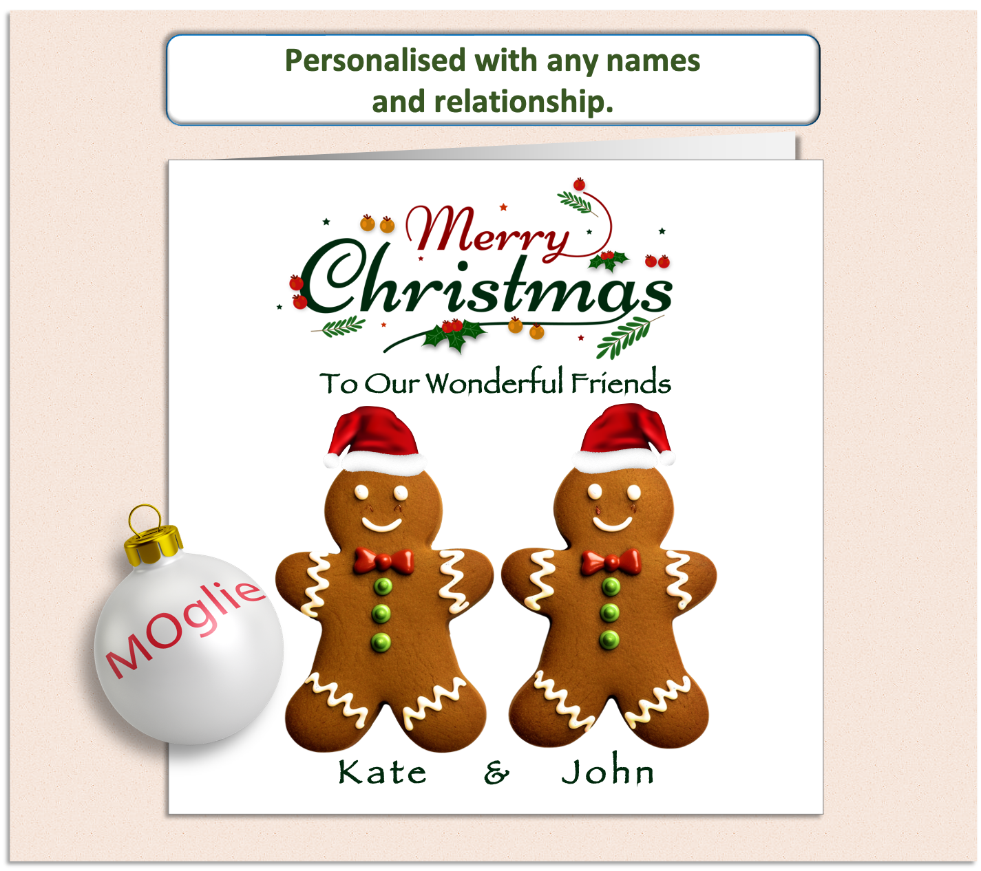 two gingerbread people with Christmas hats side by side.  Merry Christmas scroll text and recipients names