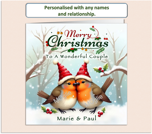 two robins kissing in a Christmas scene with stylish festive scroll text