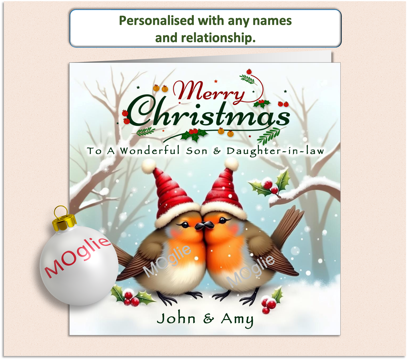 two robins kissing in a Christmas scene with stylish festive scroll text