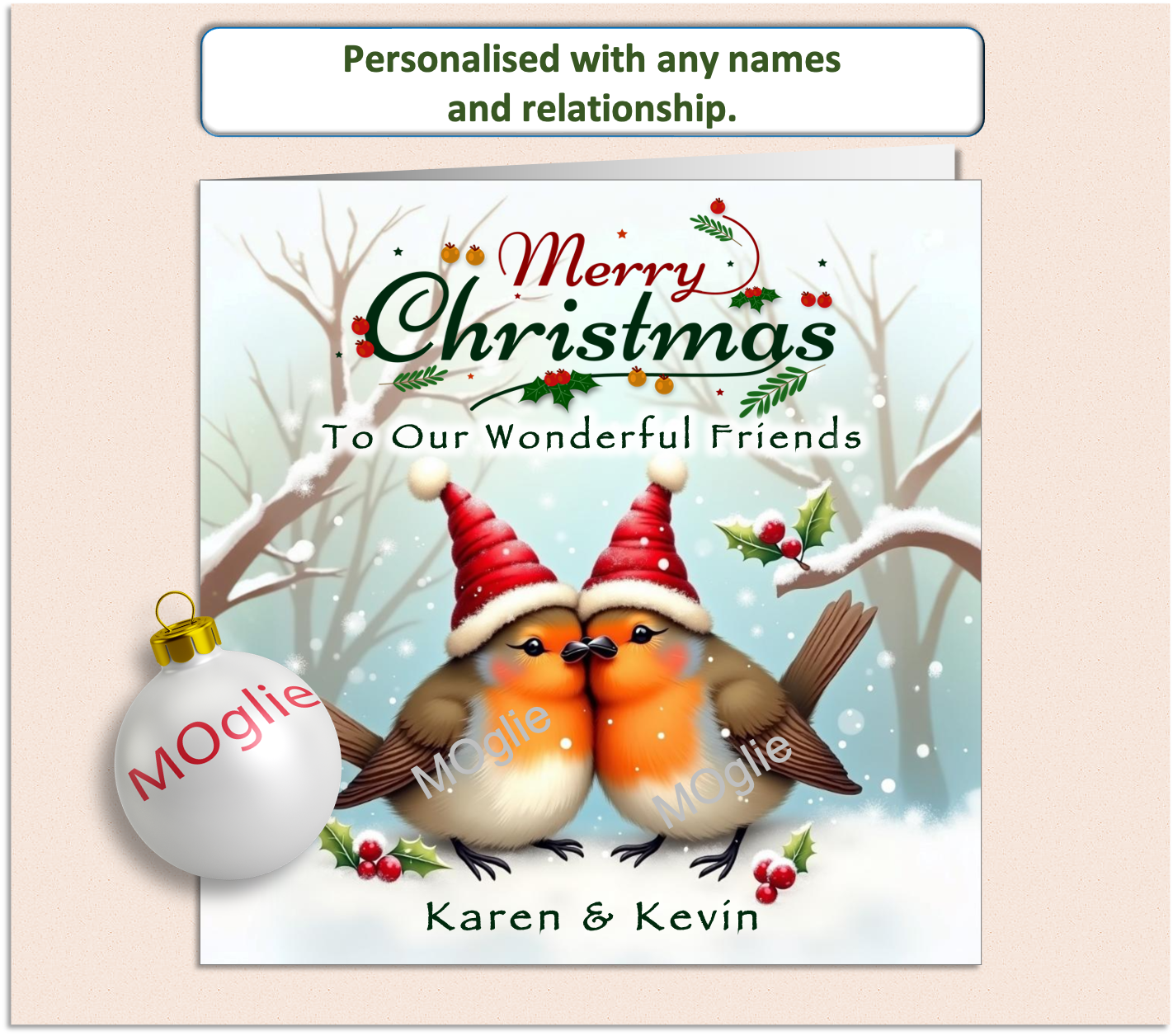 two robins kissing in a Christmas scene with stylish festive scroll text