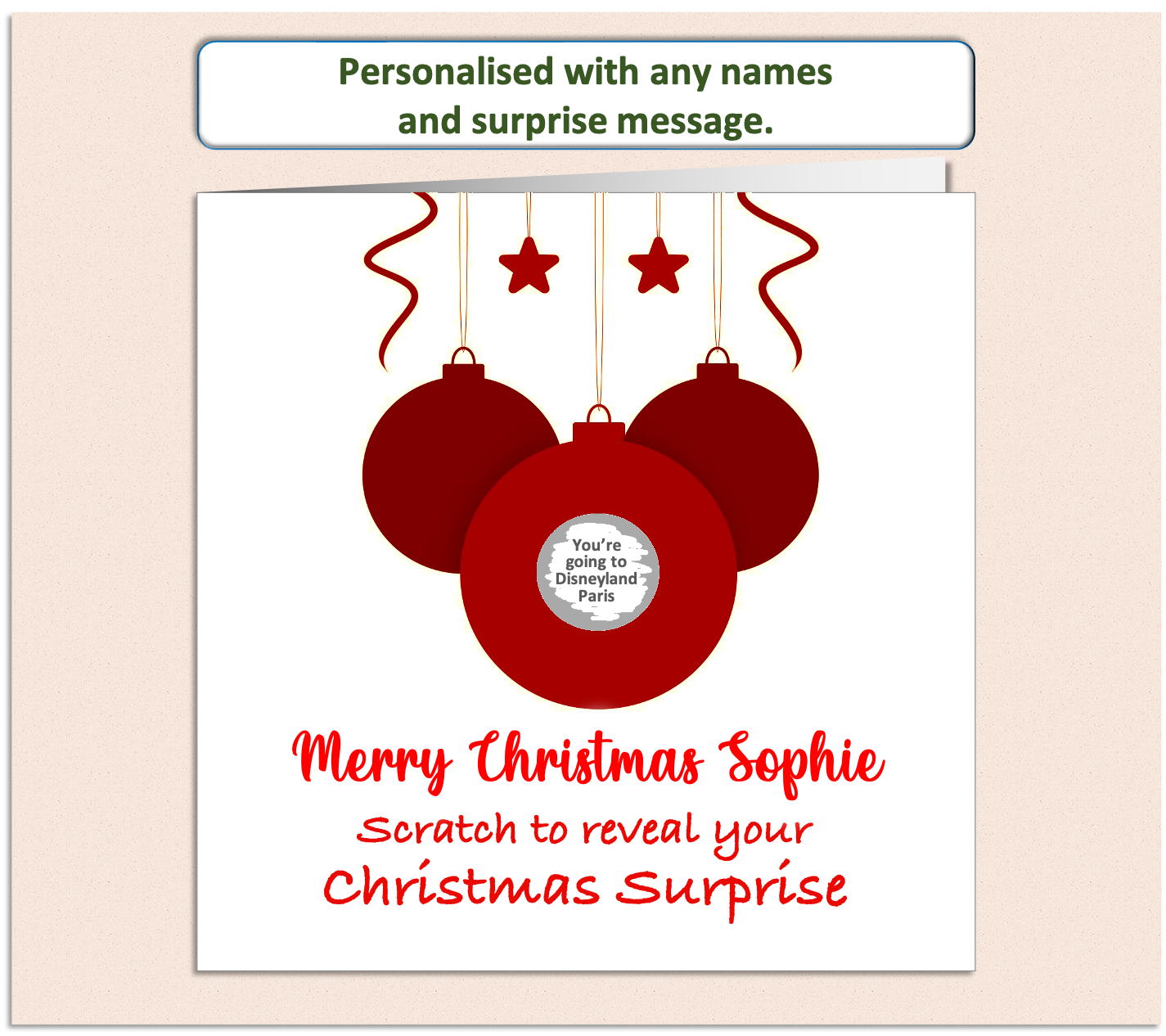 simplistic style red bauble Christmas card, having a scratch to reveal panel hiding details of a surprise present.