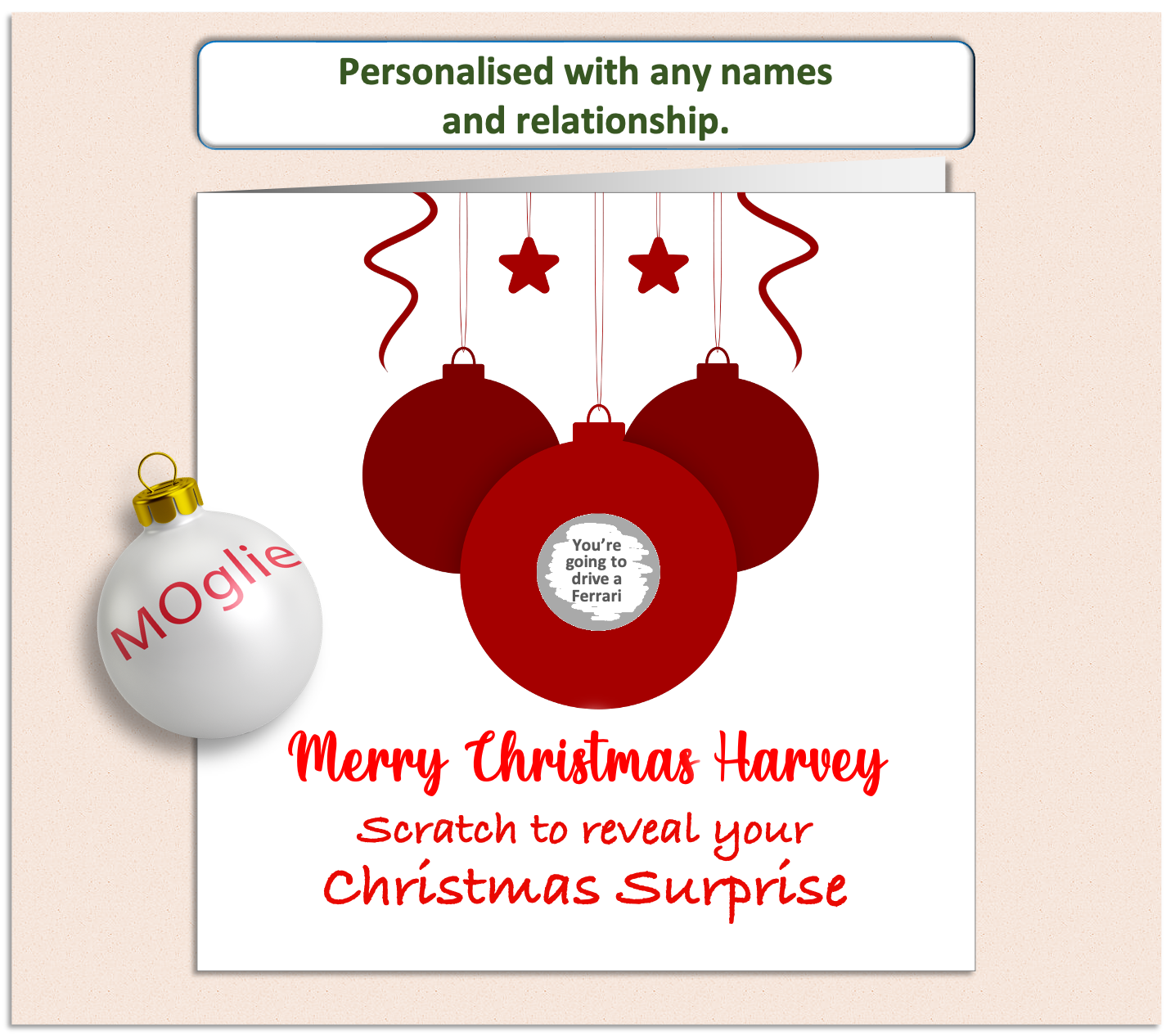 simplistic style red bauble Christmas card, having a scratch to reveal panel hiding details of a surprise present.