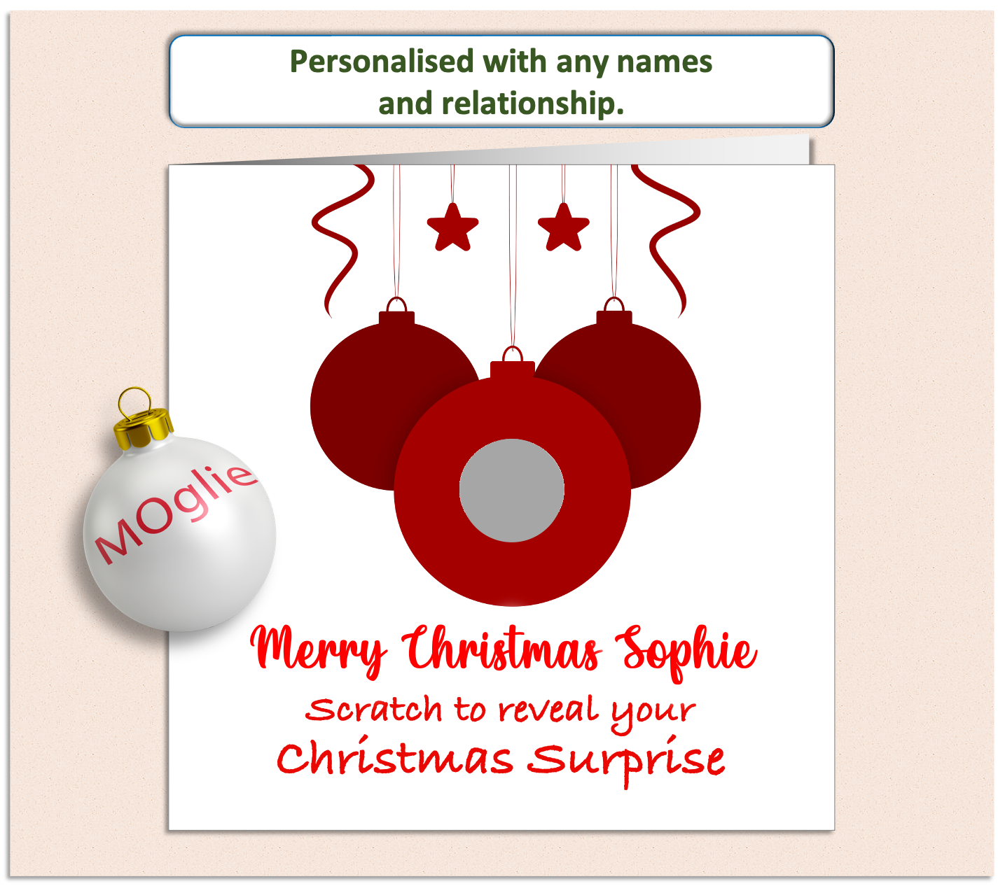 simplistic style red bauble Christmas card, having a scratch to reveal panel hiding details of a surprise present.