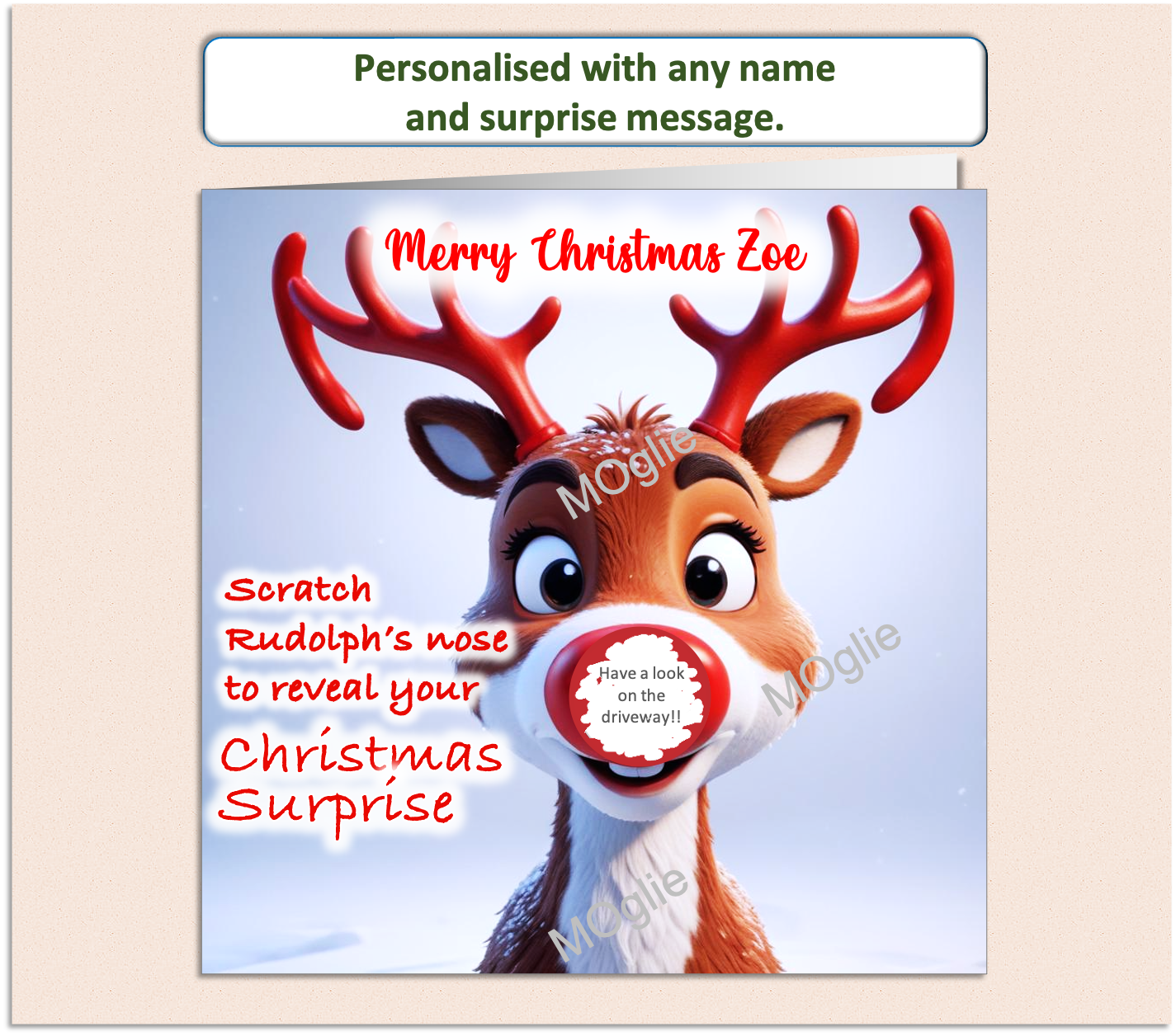 charming card of Rudolph red nosed reindeer with a scratch to reveal red circle on his nose. For surprise present giving.