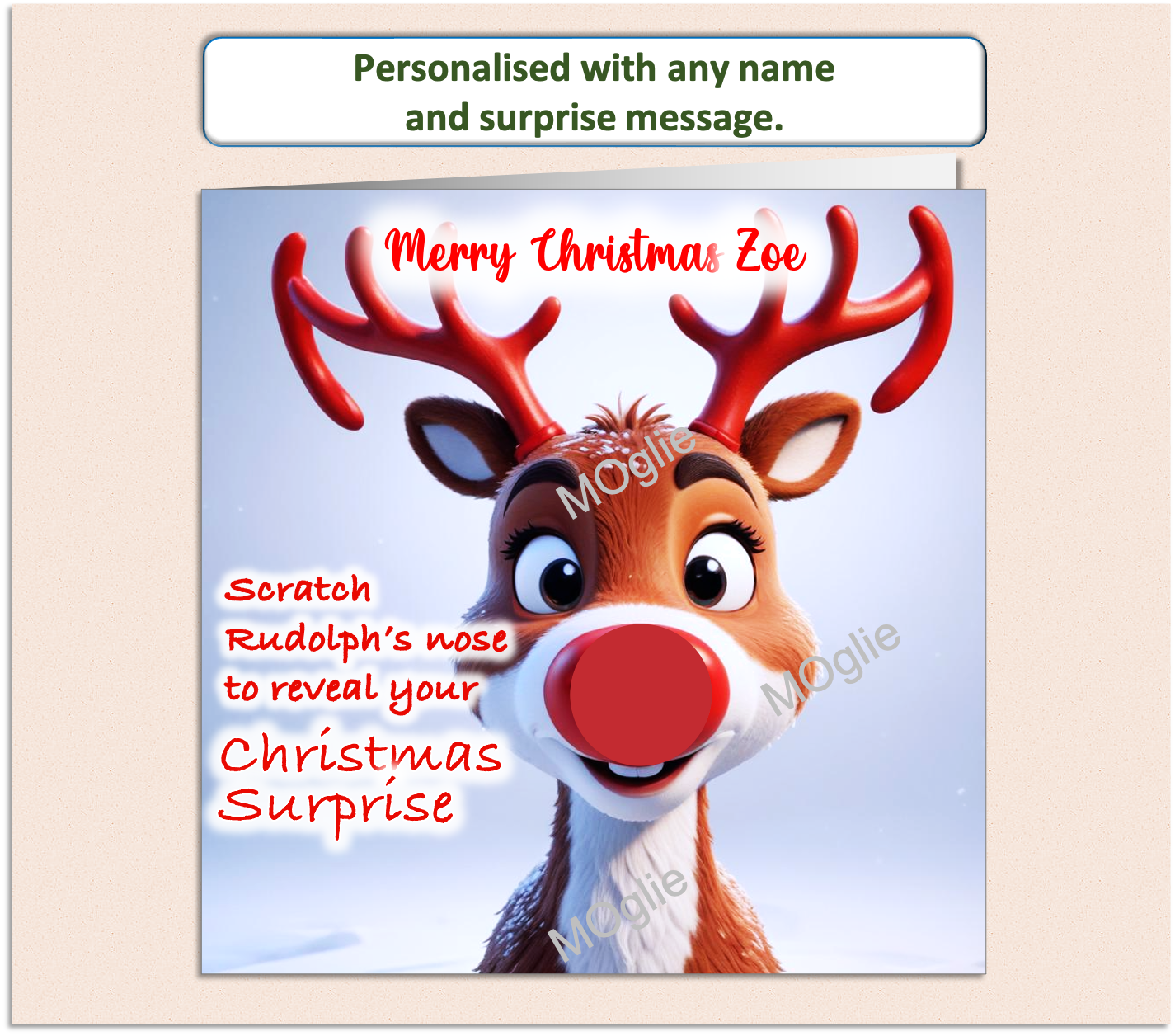 charming card of Rudolph red nosed reindeer with a scratch to reveal red circle on his nose. For surprise present giving.