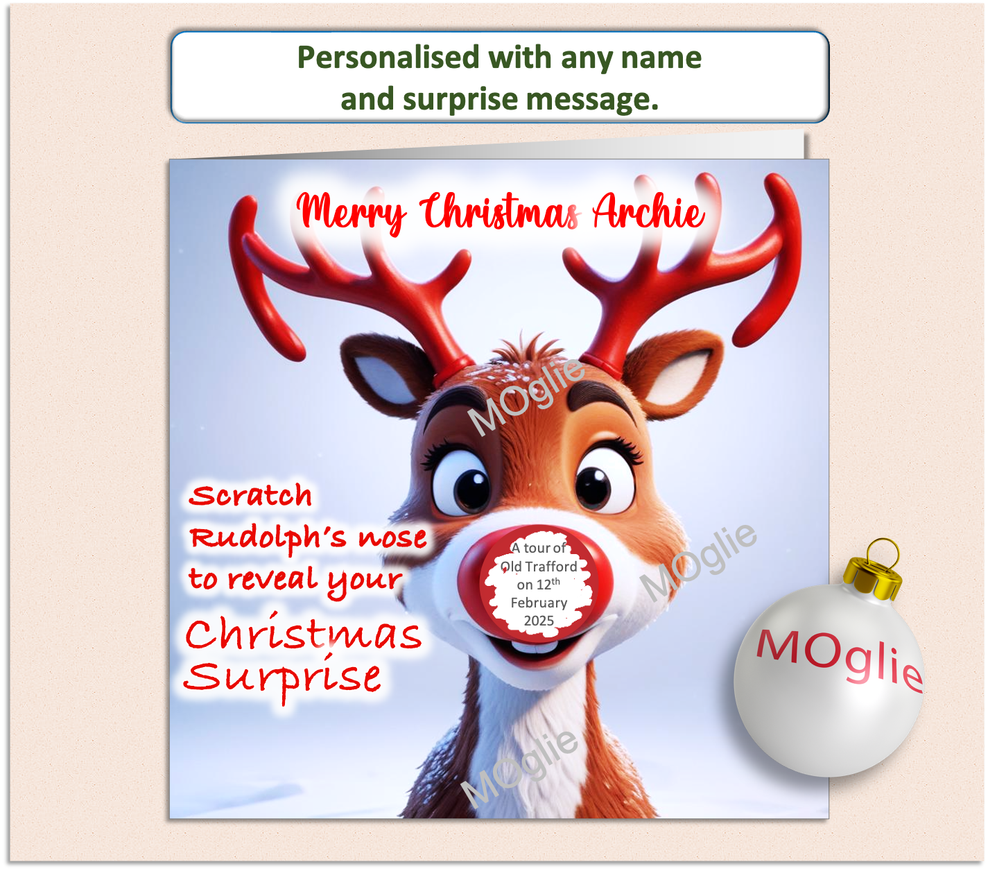 charming card of Rudolph red nosed reindeer with a scratch to reveal red circle on his nose. For surprise present giving.