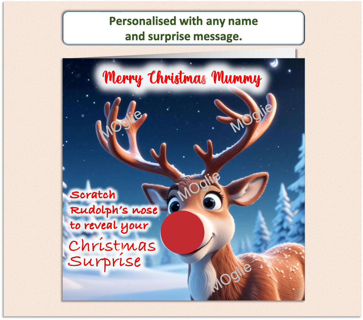 charming card of Rudolph red nosed reindeer with a scratch to reveal red circle on his nose. For surprise present giving.