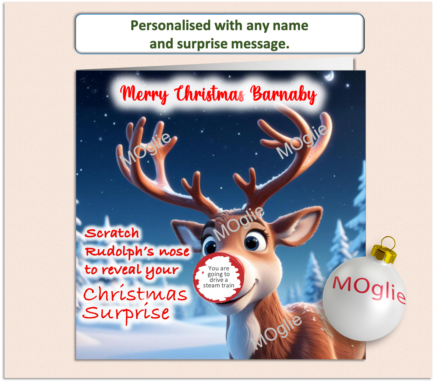 charming card of Rudolph red nosed reindeer with a scratch to reveal red circle on his nose. For surprise present giving.