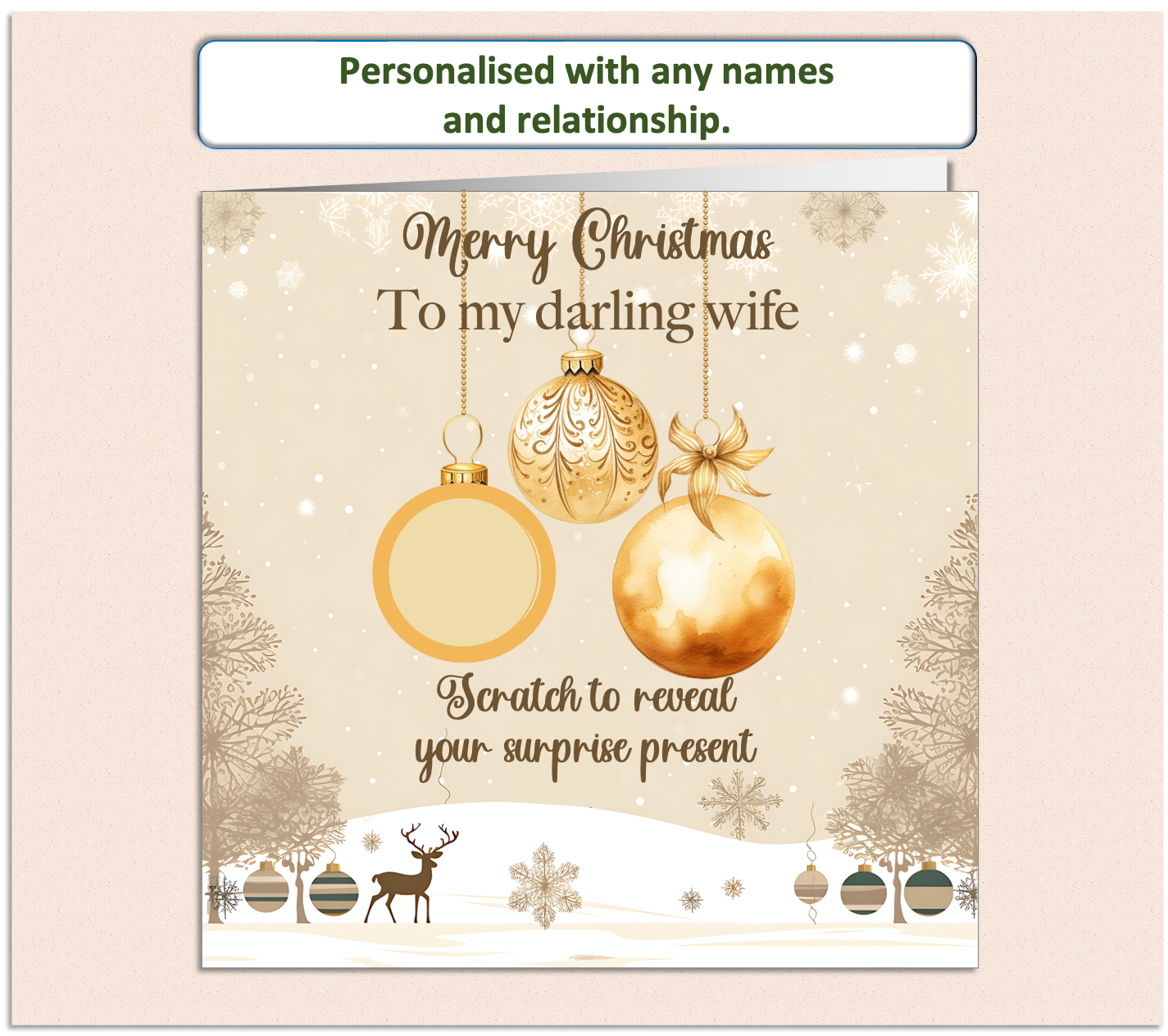 gold bauble Christmas card, with on having a scratch to reveal panel hiding details of a surprise present.